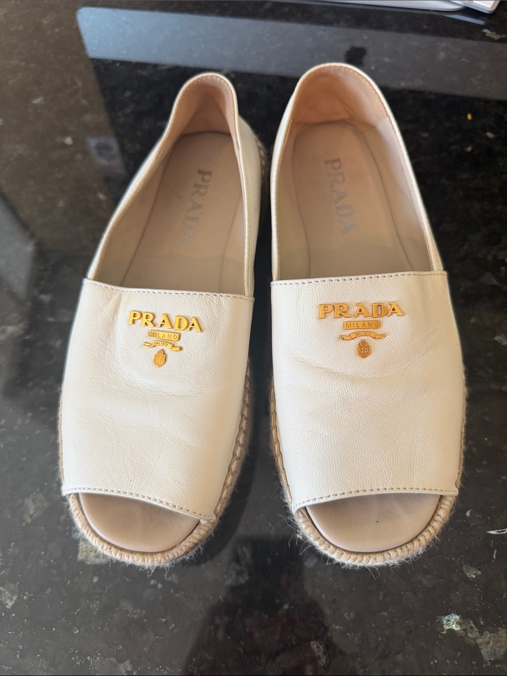Prada Cream Leather Open-Toe Espadrille Slides with Gold Logo